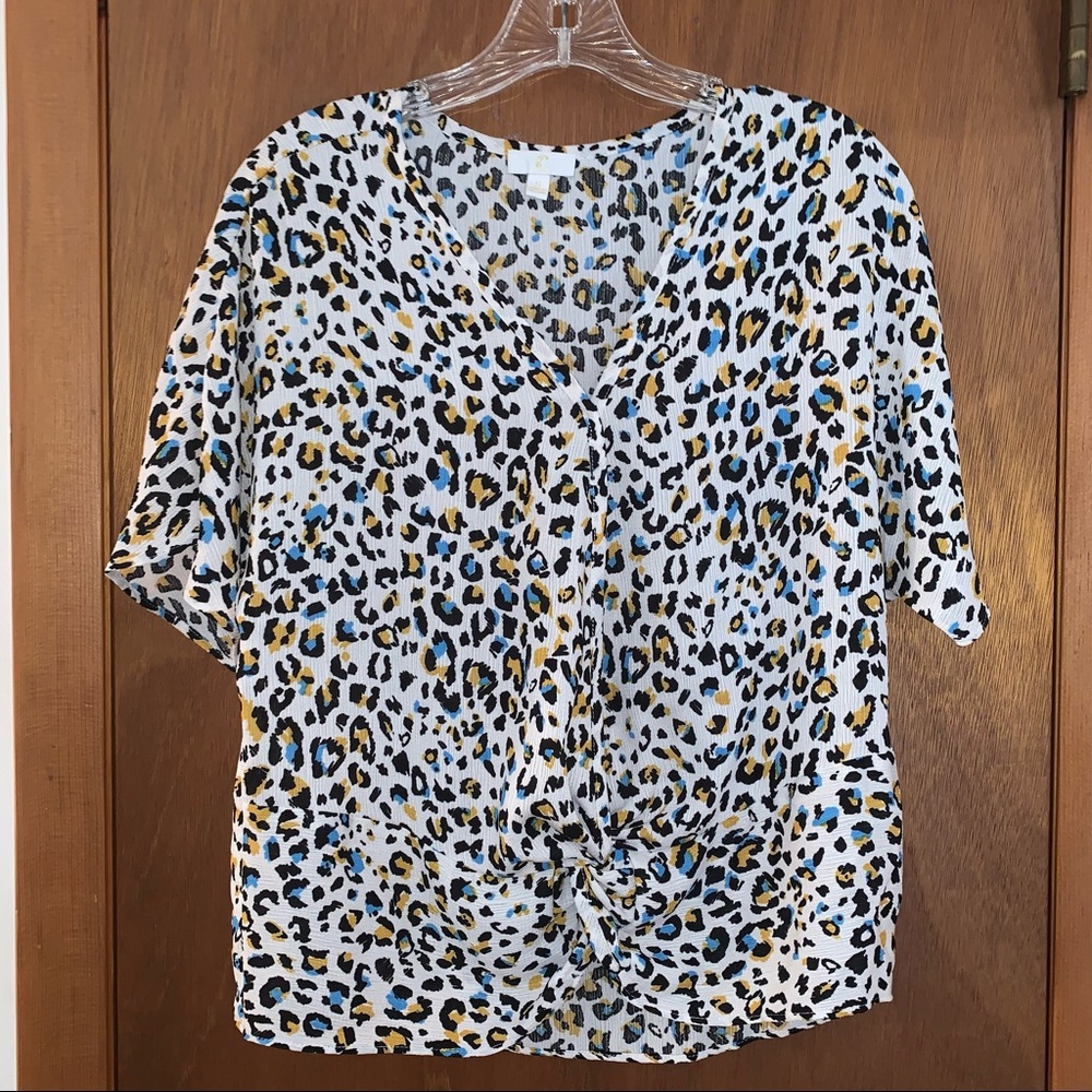 Women’s S CHARMING CHARLIE Multicolored Cheetah Print S/S Twist Career Shirt NEW